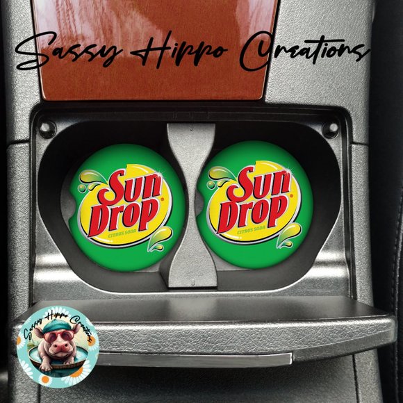Car Coasters Sundrop Beverage Citrus Soda Pop Set of 2 Neoprene Absorbent - Picture 1 of 4